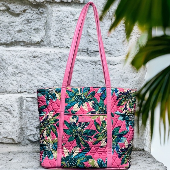 Vera Bradley Small Trimmed Vera Bag in Tropical Paradise _ Pink Teal Palm Trees - Picture 1 of 16